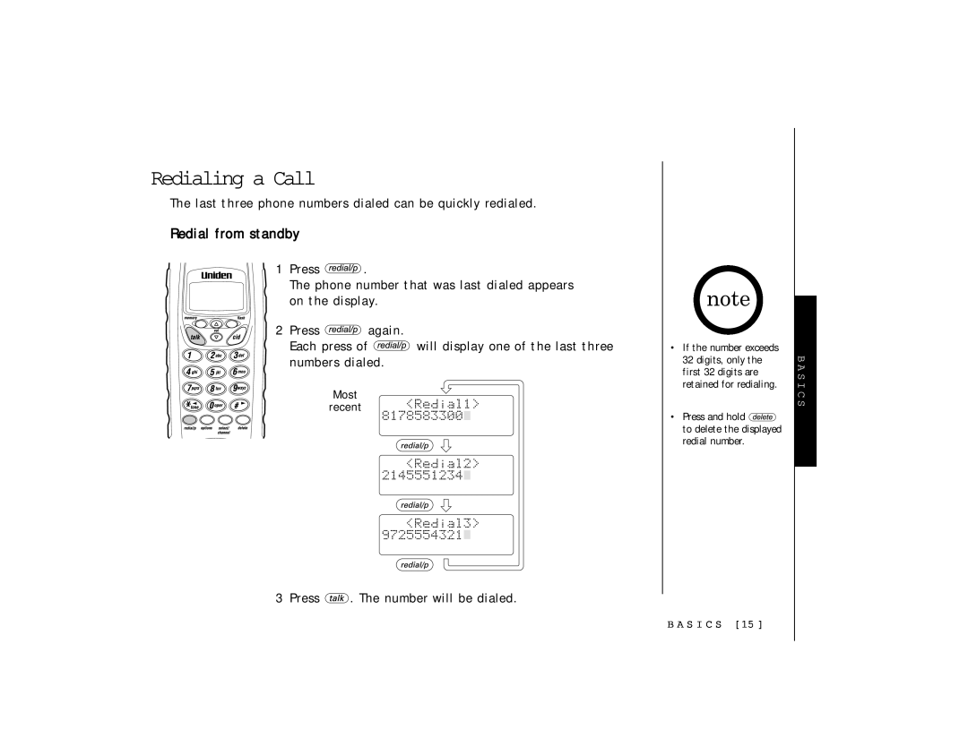 Uniden TRU 346 owner manual Redialing a Call, Redial from standby 