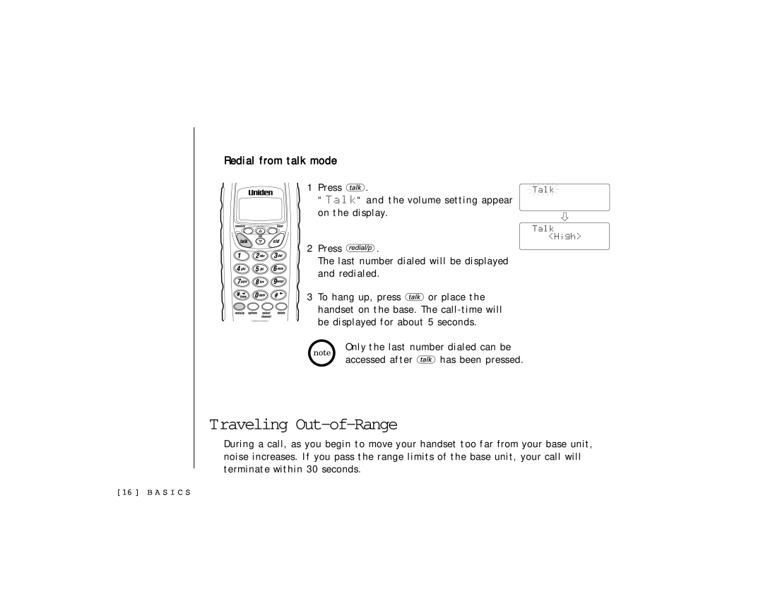 Uniden TRU 346 owner manual Traveling Out-of-Range, Redial from talk mode 