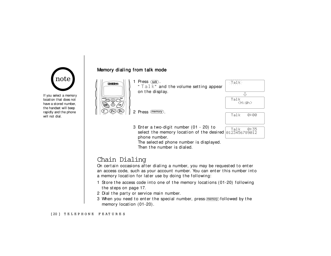 Uniden TRU 346 owner manual Chain Dialing, Memory dialing from talk mode 
