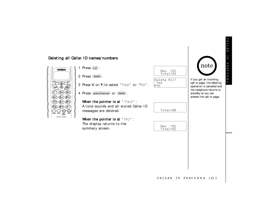 Uniden TRU 346 owner manual Deleting all Caller ID names/numbers 