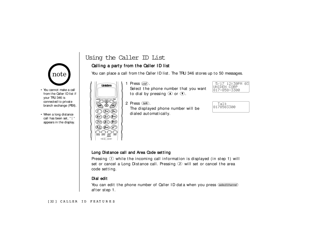 Uniden TRU 346 owner manual Using the Caller ID List, Calling a party from the Caller ID list 