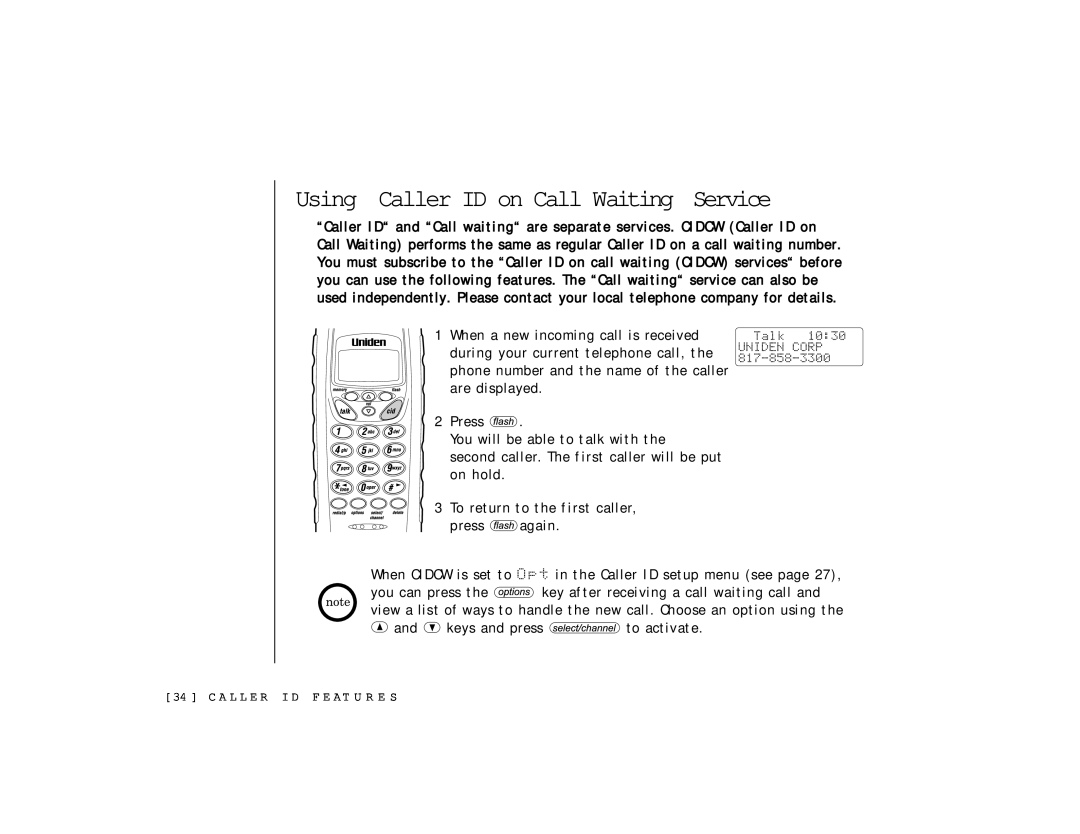 Uniden TRU 346 owner manual Using Caller ID on Call Waiting Service, C A L L E R I D F E At U R E S 