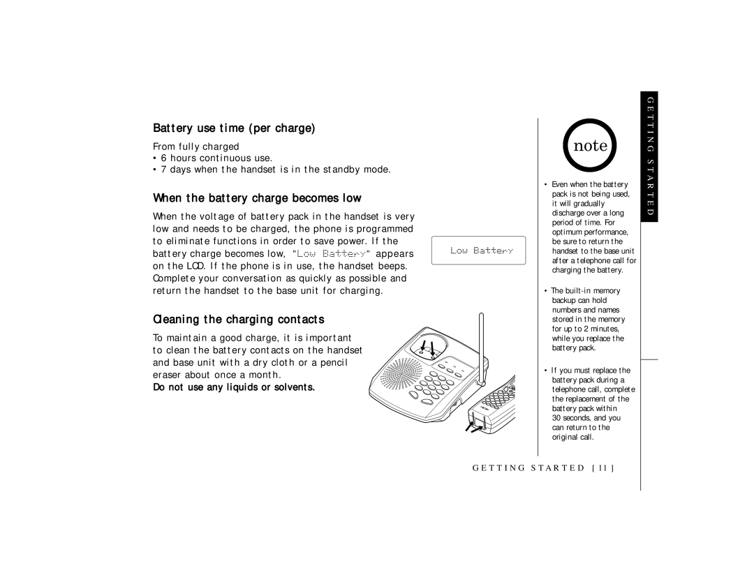 Uniden TRU 3465 Battery use time per charge, When the battery charge becomes low, Cleaning the charging contacts 