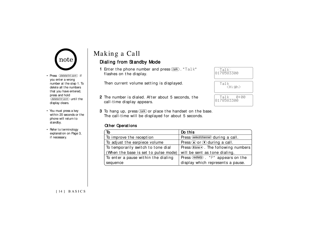 Uniden TRU 3465 owner manual Making a Call, Dialing from Standby Mode 