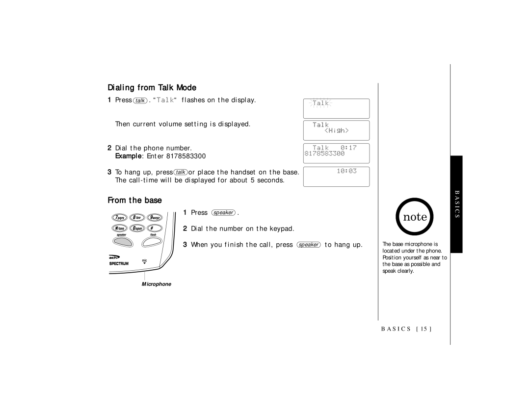 Uniden TRU 3465 owner manual Dialing from Talk Mode, From the base, Press talk . Talk flashes on the display 