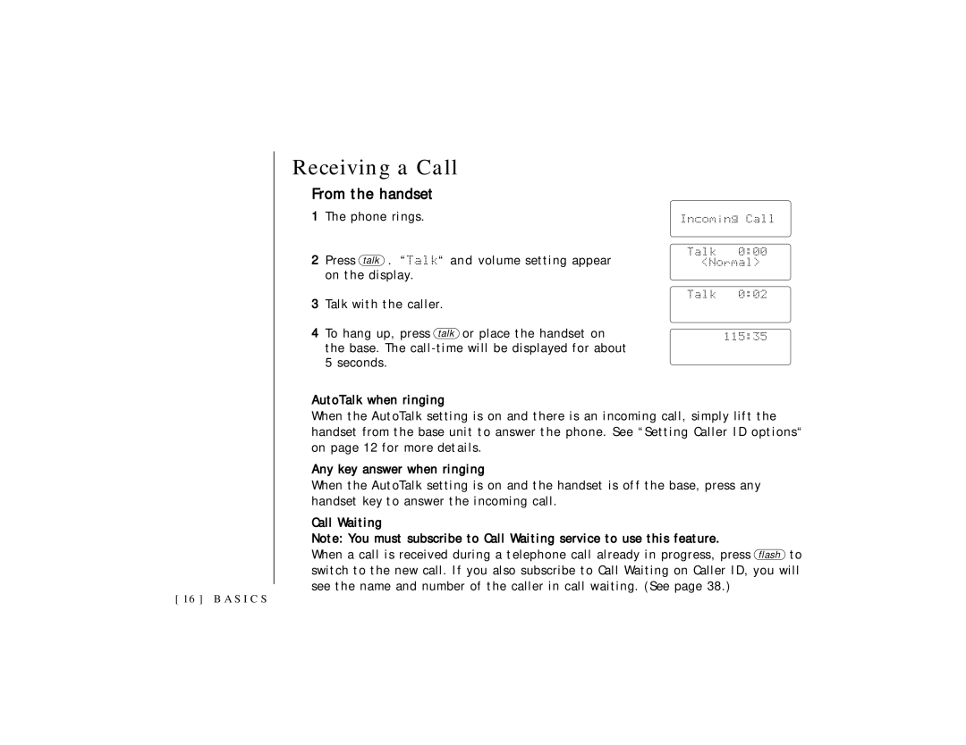 Uniden TRU 3465 owner manual Receiving a Call, From the handset 