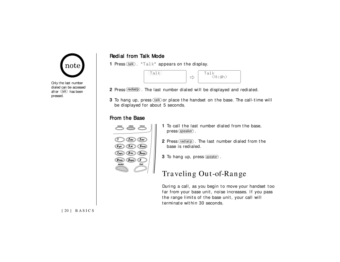 Uniden TRU 3465 owner manual Traveling Out-of-Range, Redial from Talk Mode, Press talk . Talk appears on the display 