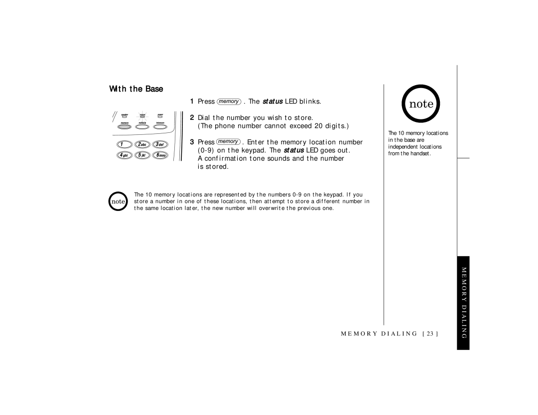 Uniden TRU 3465 owner manual With the Base, Memory Dialing 