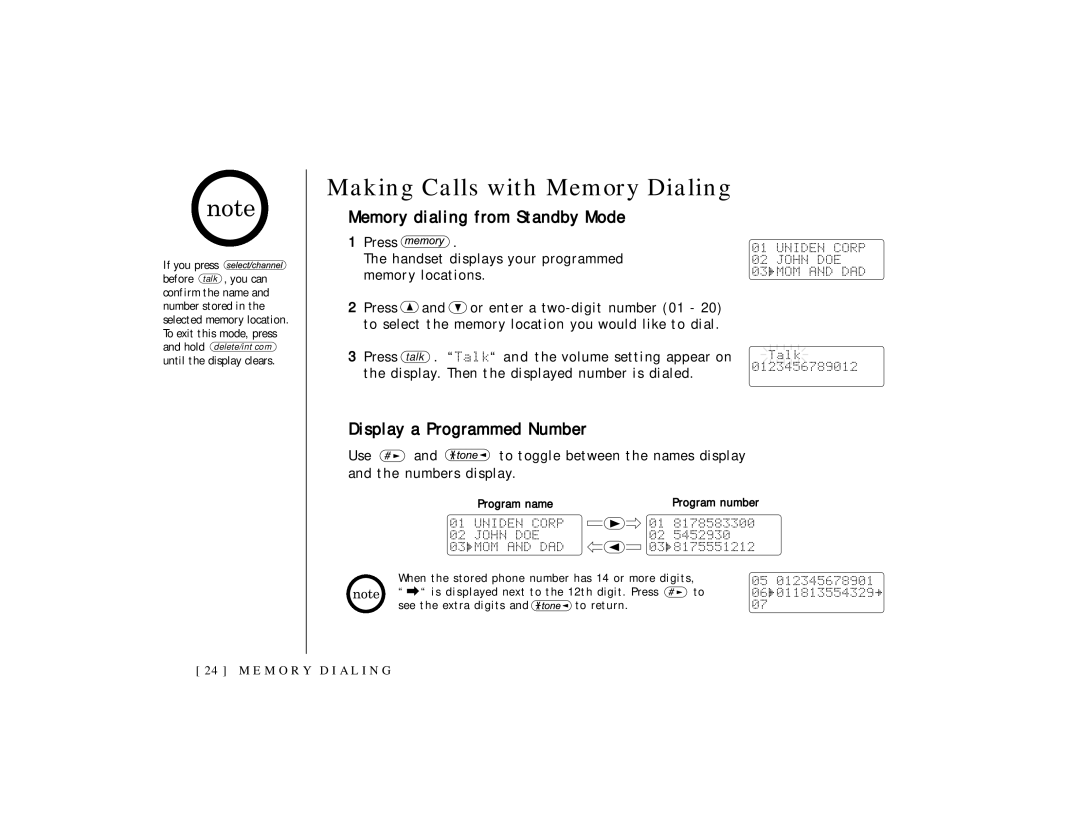 Uniden TRU 3465 Making Calls with Memory Dialing, Memory dialing from Standby Mode, Display a Programmed Number 