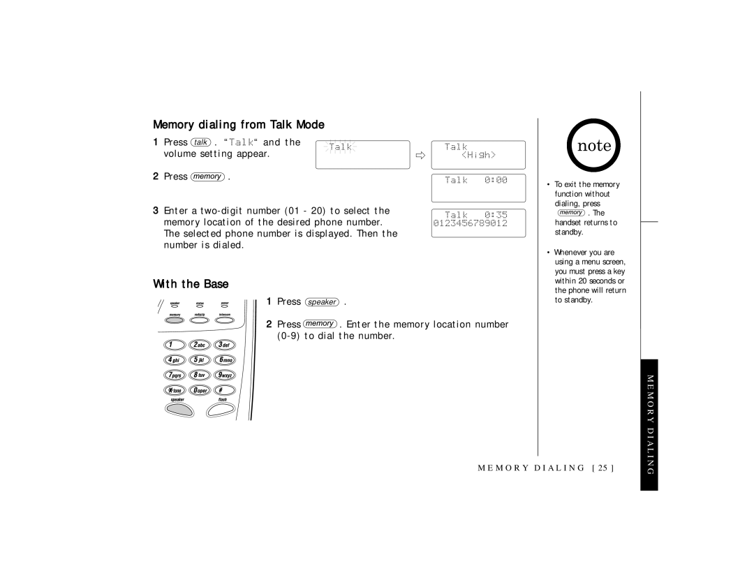 Uniden TRU 3465 owner manual Memory dialing from Talk Mode, Volume setting appear 