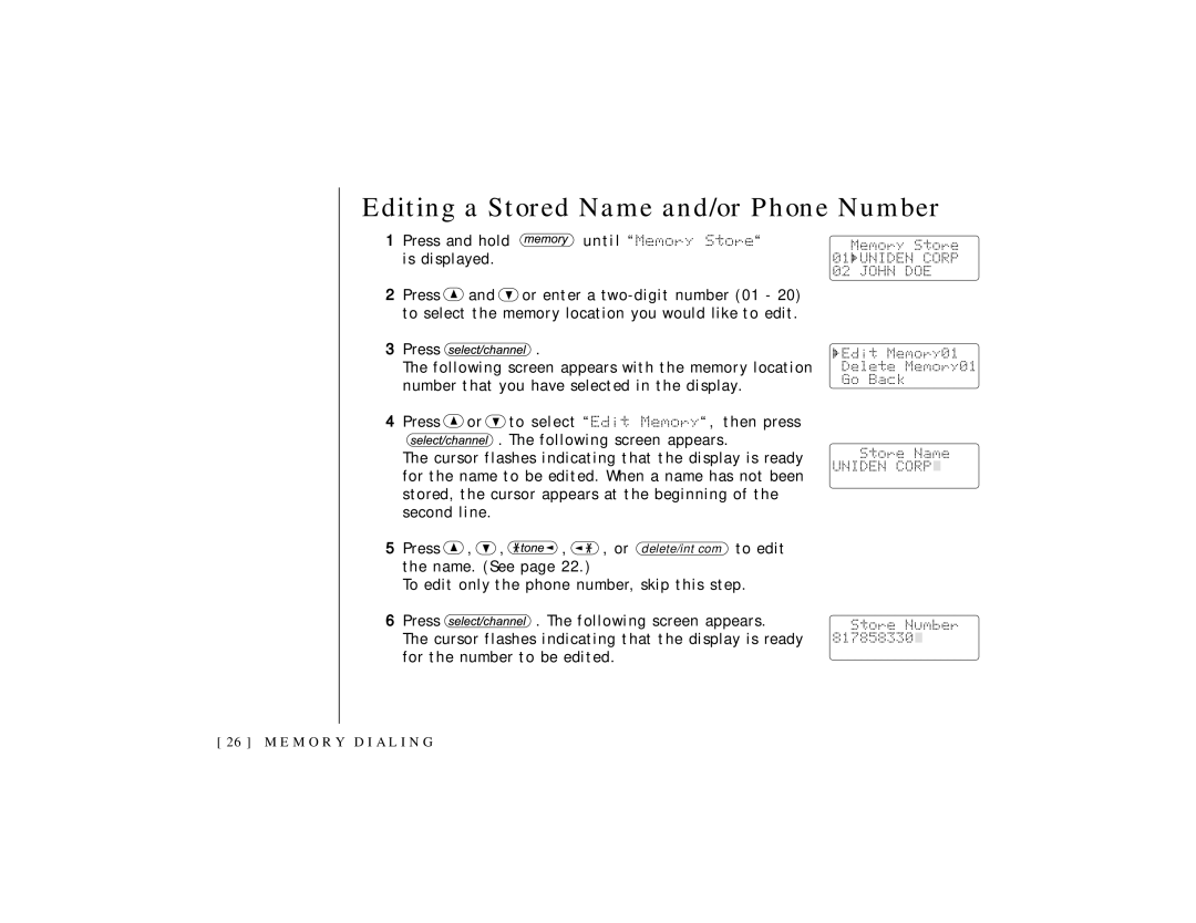 Uniden TRU 3465 owner manual Editing a Stored Name and/or Phone Number 