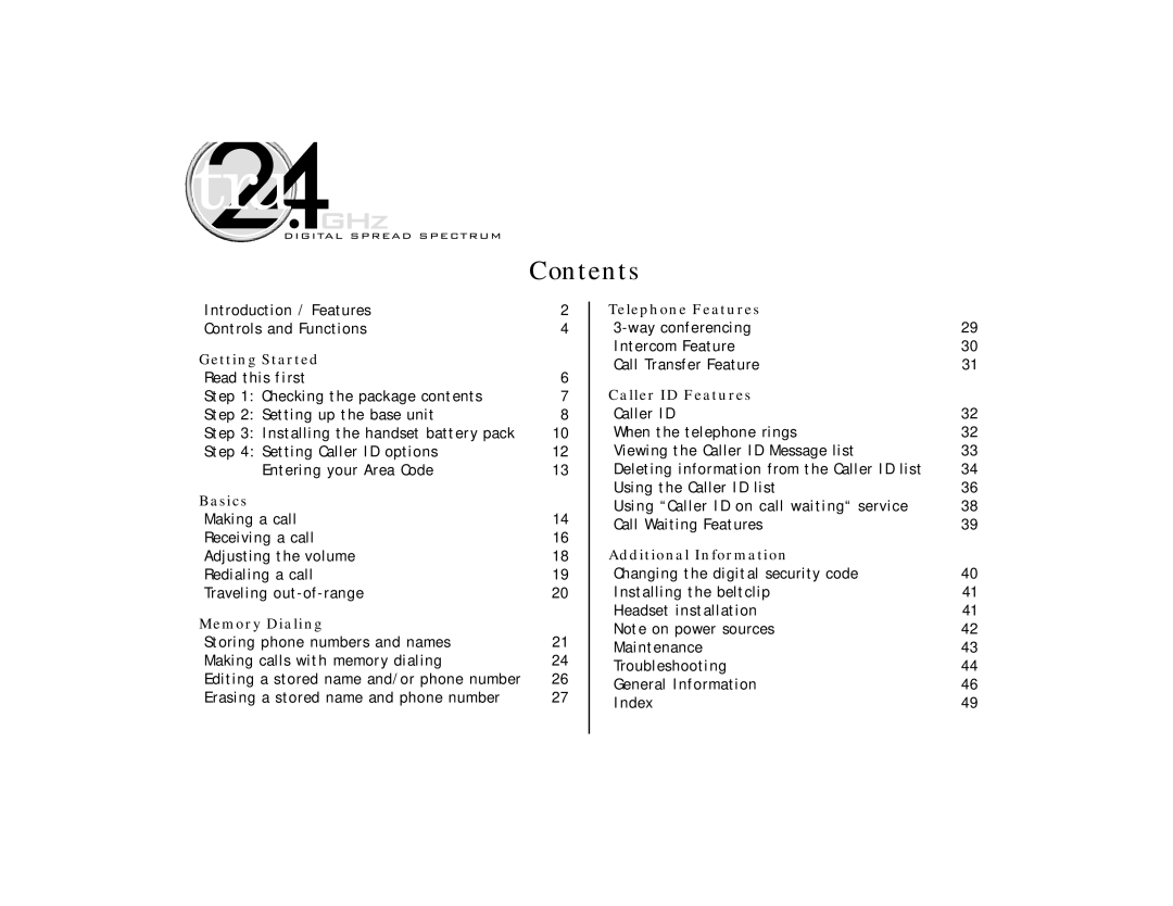 Uniden TRU 3465 owner manual Contents 