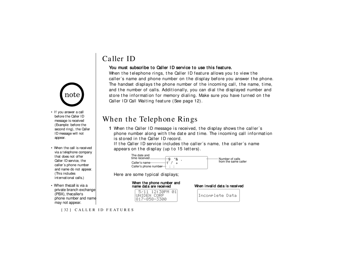 Uniden TRU 3465 owner manual Caller ID, When the Telephone Rings, Here are some typical displays 