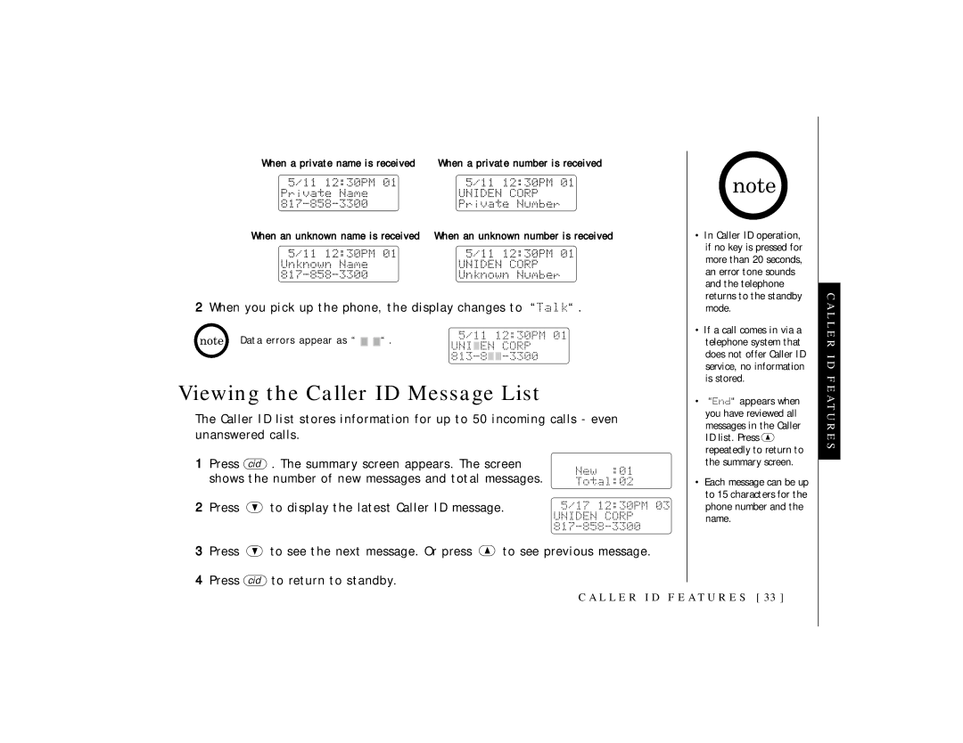 Uniden TRU 3465 owner manual Viewing the Caller ID Message List, When you pick up the phone, the display changes to Talk 