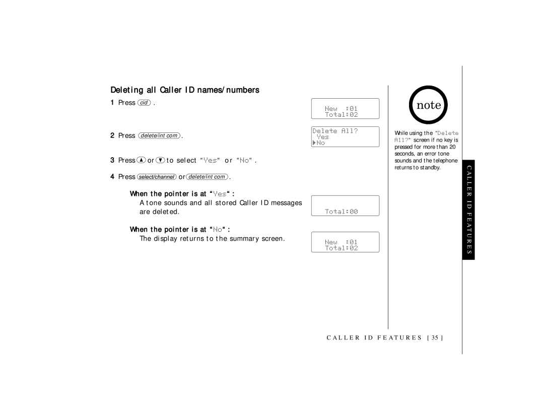 Uniden TRU 3465 owner manual Deleting all Caller ID names/numbers 