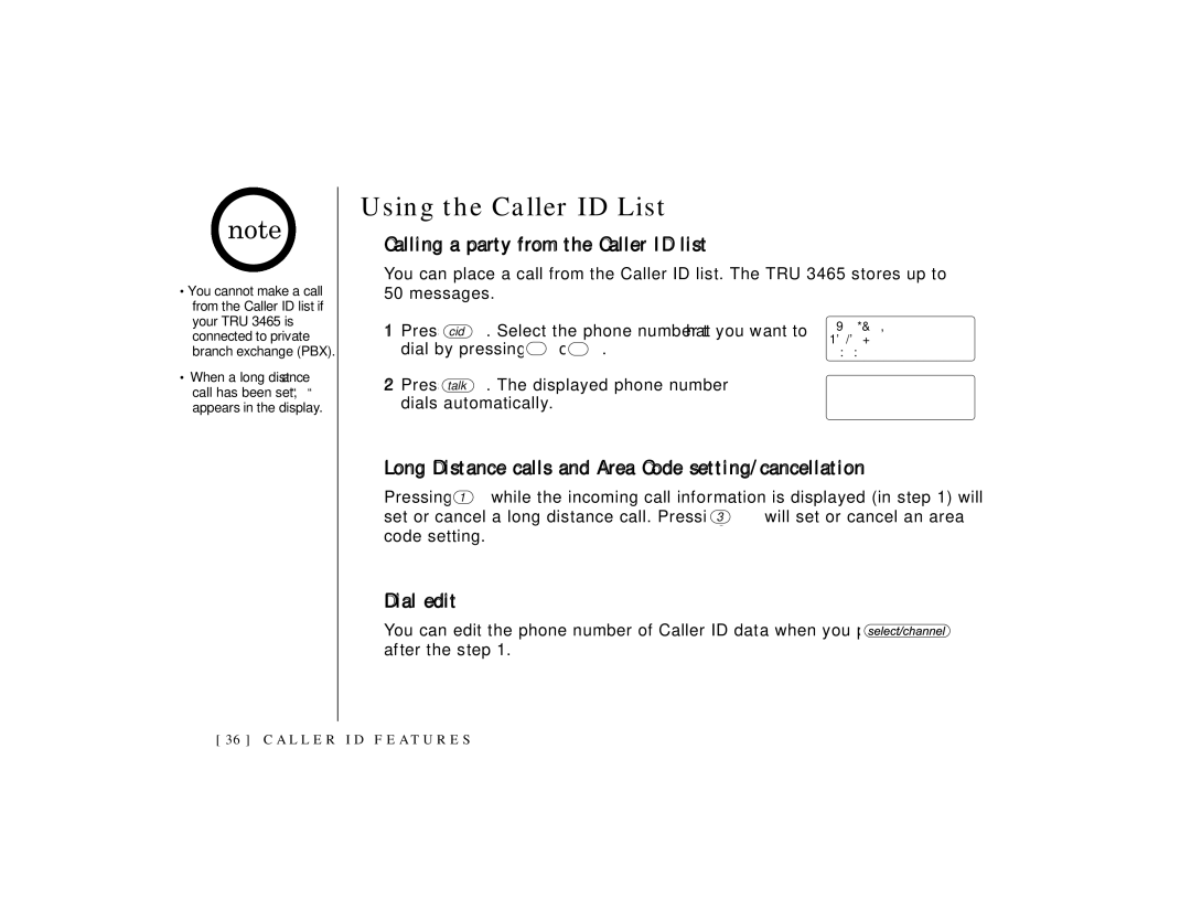 Uniden TRU 3465 owner manual Using the Caller ID List, Calling a party from the Caller ID list, Dial edit 