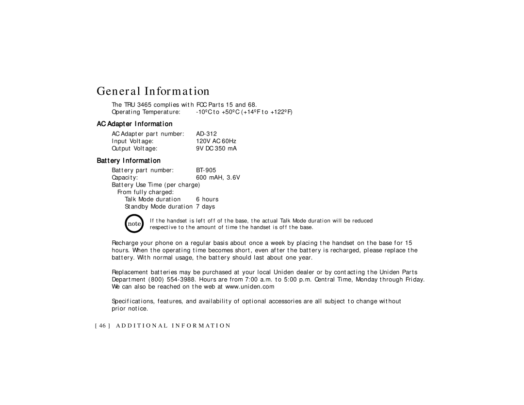 Uniden TRU 3465 owner manual General Information, AC Adapter Information, Battery Information 