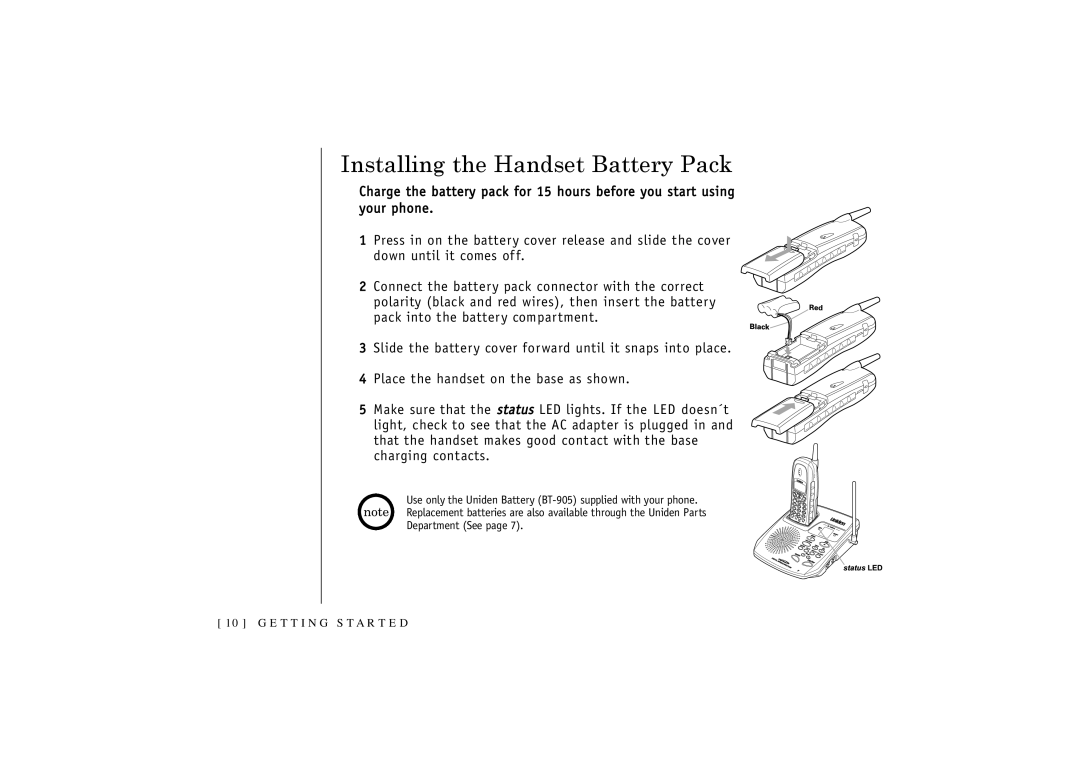 Uniden TRU-348 owner manual Installing the Handset Battery Pack 