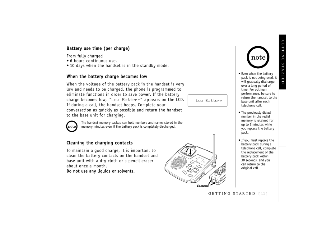 Uniden TRU-348 Battery use time per charge, When the battery charge becomes low, Cleaning the charging contacts 