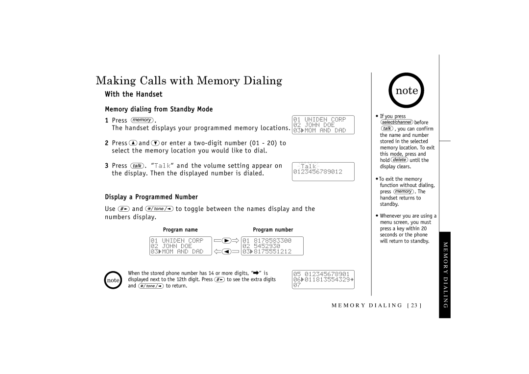 Uniden TRU-348 owner manual Making Calls with Memory Dialing, This mode, press Hold until the display clears 