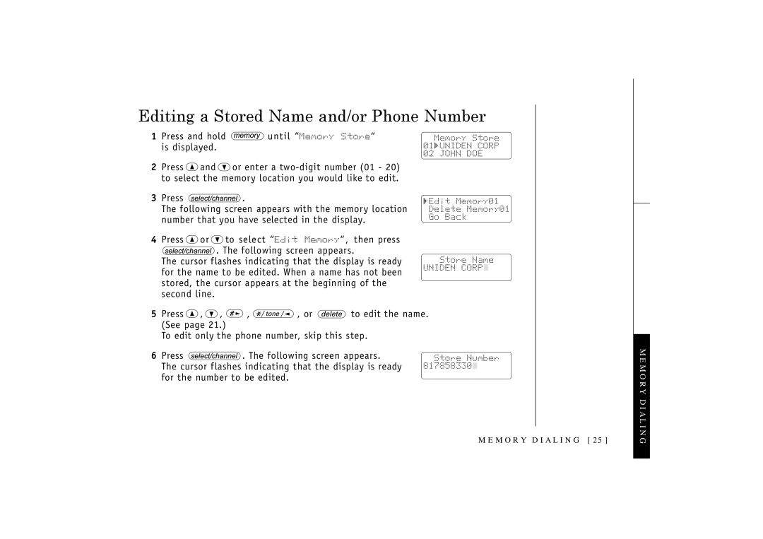 Uniden TRU-348 owner manual Editing a Stored Name and/or Phone Number 