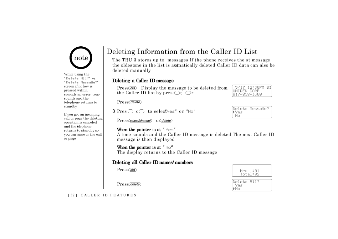 Uniden TRU-348 owner manual Deleting Information from the Caller ID List, Deleting a Caller ID message 