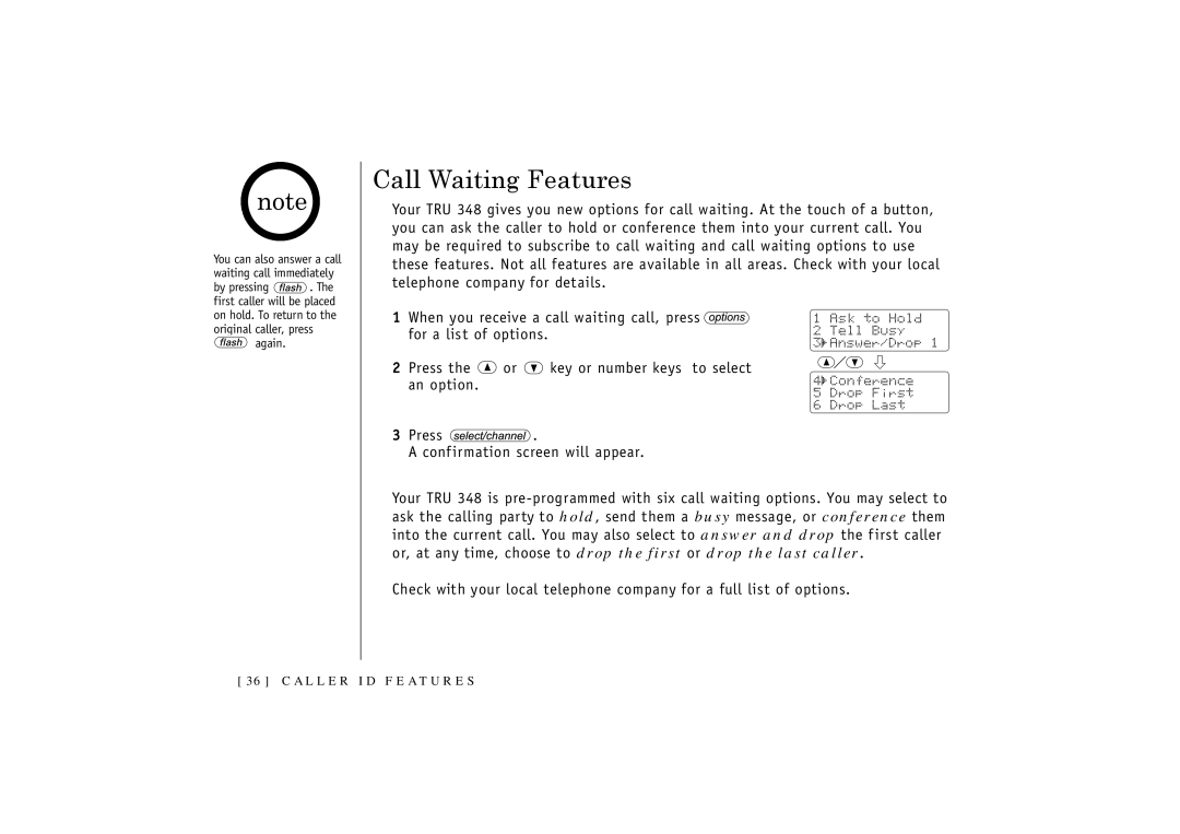 Uniden TRU-348 owner manual Call Waiting Features 