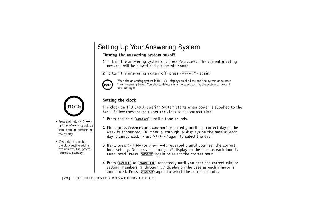 Uniden TRU-348 owner manual Setting Up Your Answering System, Turning the answering system on/off, Setting the clock 