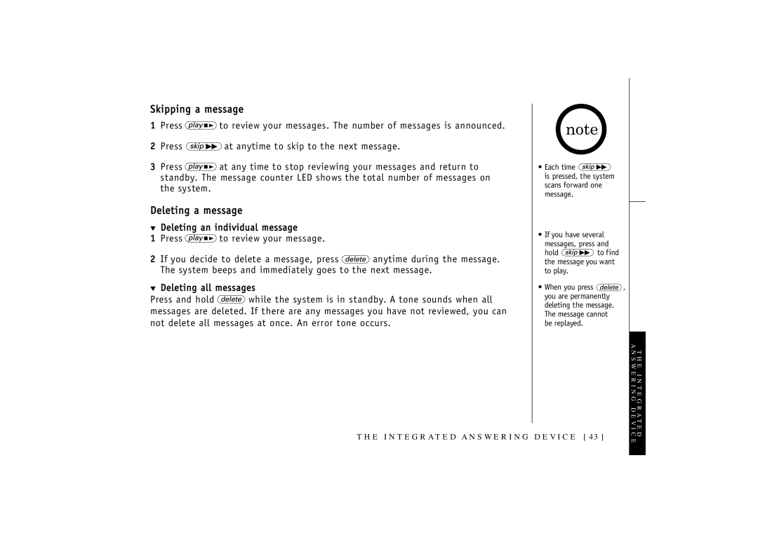 Uniden TRU-348 owner manual Skipping a message, Deleting a message 