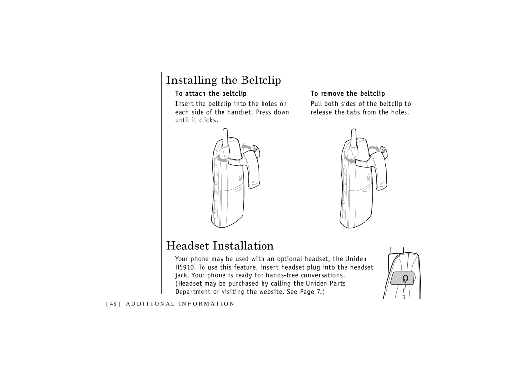 Uniden TRU-348 owner manual Installing the Beltclip, Headset Installation 