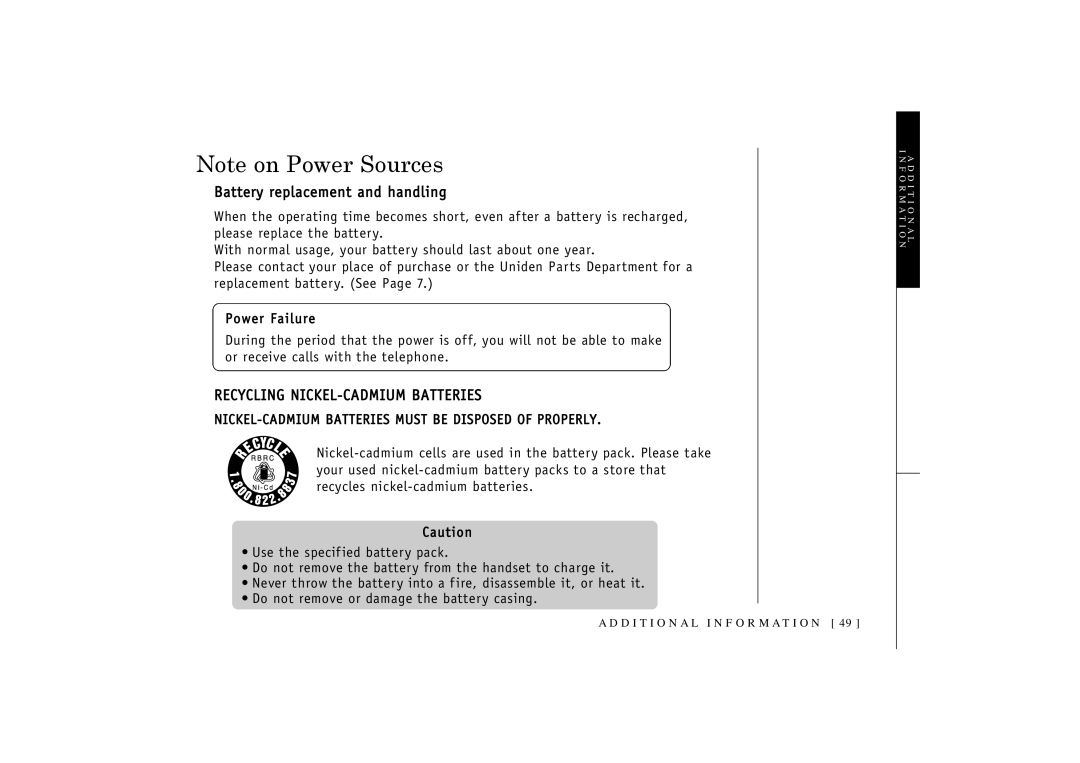 Uniden TRU-348 owner manual Battery replacement and handling, Recycling NICKEL-CADMIUM Batteries 