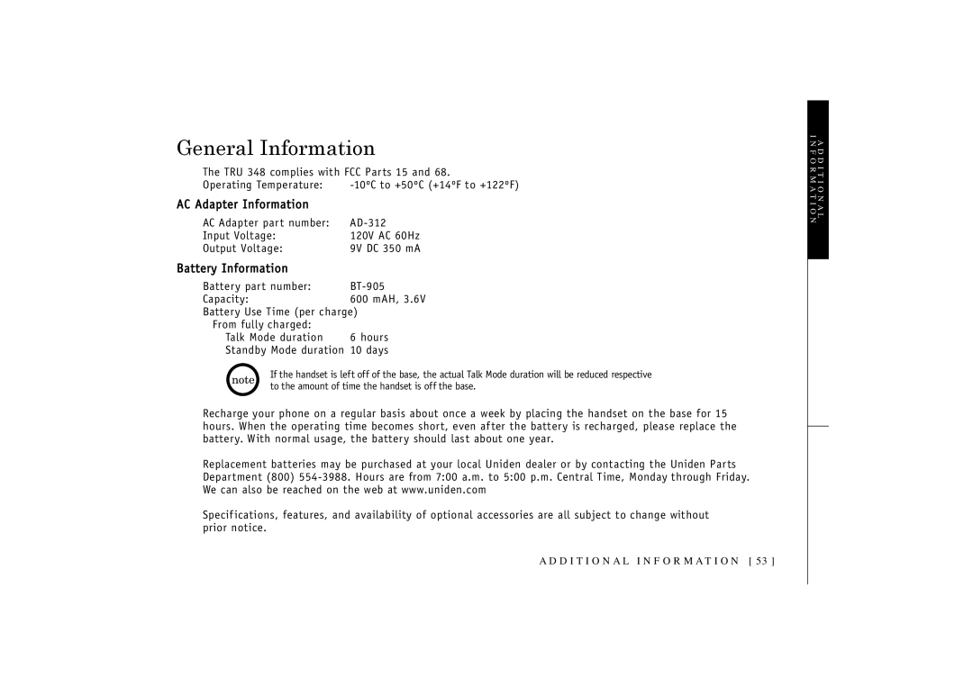 Uniden TRU-348 owner manual General Information, Battery Information 