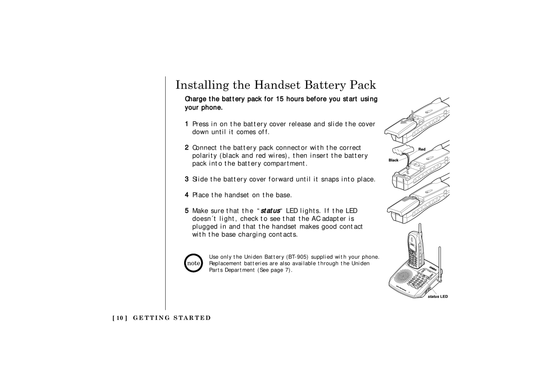 Uniden TRU 3485 owner manual Installing the Handset Battery Pack 