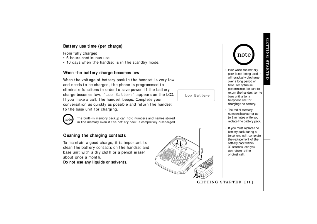 Uniden TRU 3485 Battery use time per charge, When the battery charge becomes low, Cleaning the charging contacts 