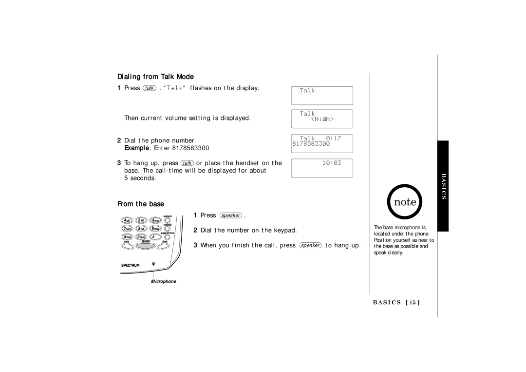 Uniden TRU 3485 owner manual Dialing from Talk Mode, From the base, Press talk . Talk flashes on the display 