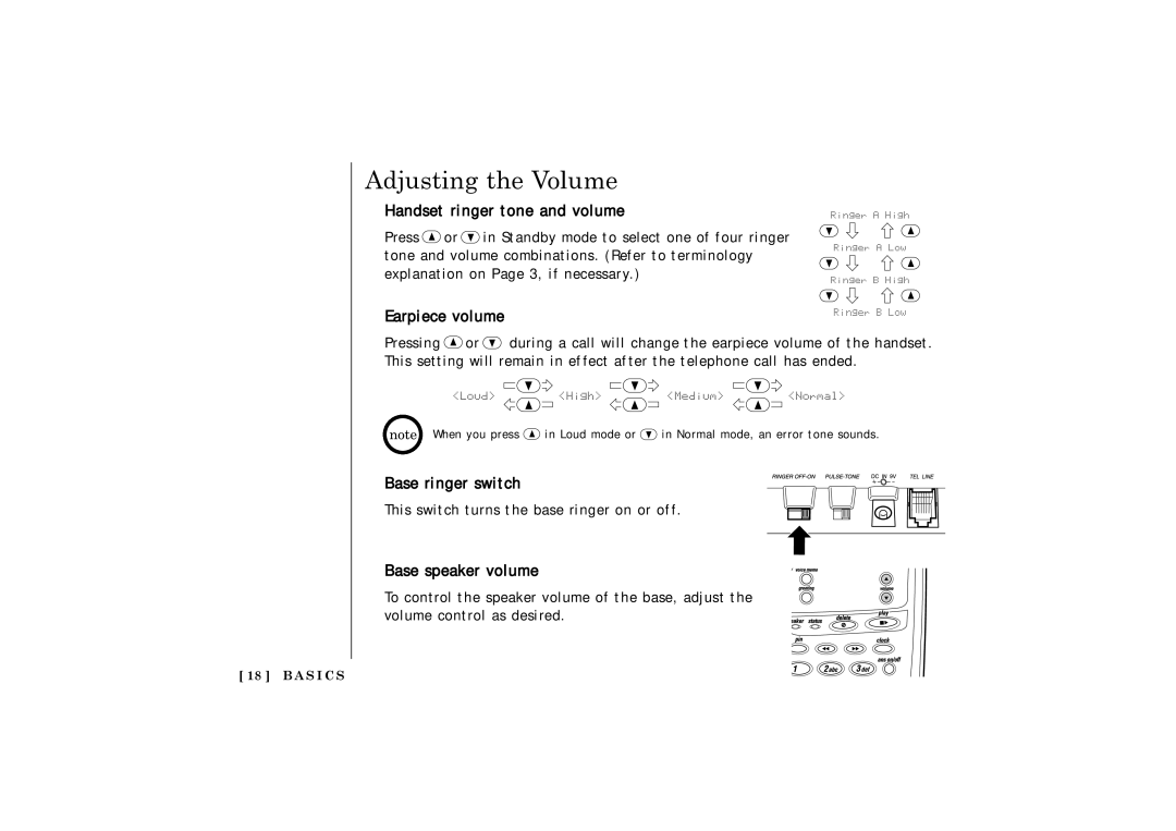 Uniden TRU 3485 owner manual Adjusting the Volume, Handset ringer tone and volume, Earpiece volume, Base ringer switch 