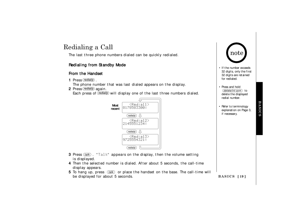 Uniden TRU 3485 owner manual Redialing a Call, Redialing from Standby Mode From the Handset 