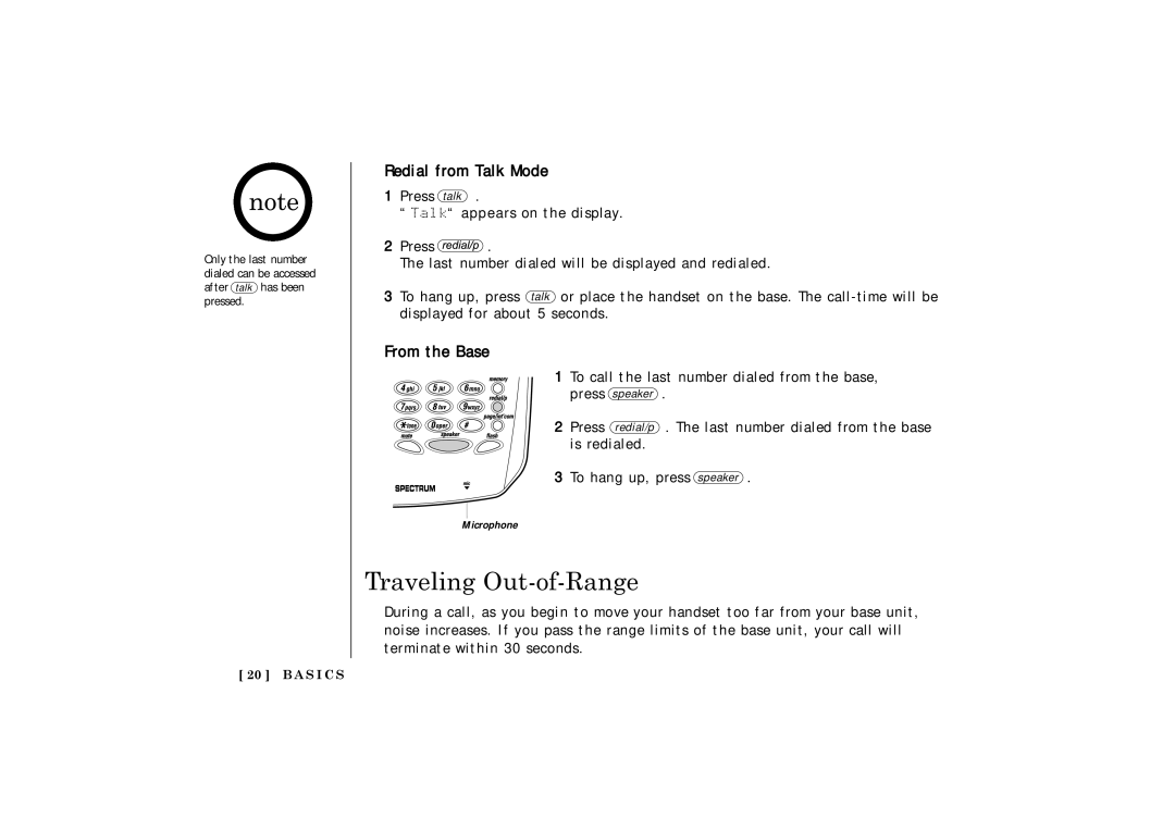 Uniden TRU 3485 owner manual Traveling Out-of-Range, Redial from Talk Mode, To call the last number dialed from the base 