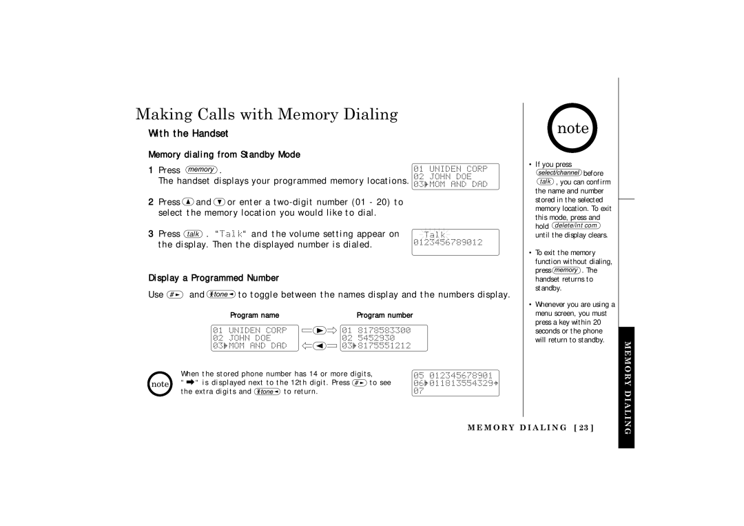 Uniden TRU 3485 owner manual Making Calls with Memory Dialing, Memory dialing from Standby Mode Press 