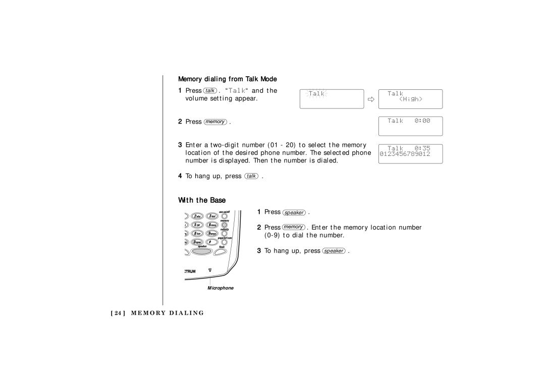 Uniden TRU 3485 owner manual Memory dialing from Talk Mode Press talk . Talk 