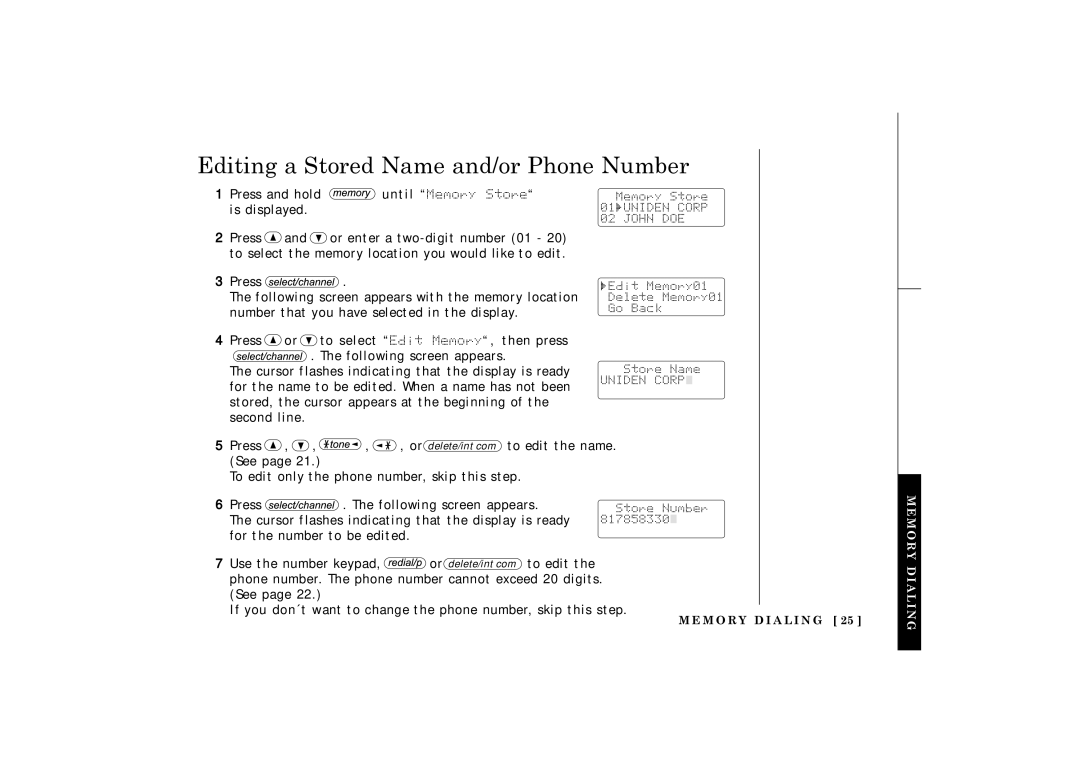 Uniden TRU 3485 owner manual Editing a Stored Name and/or Phone Number, Following screen appears with the memory location 