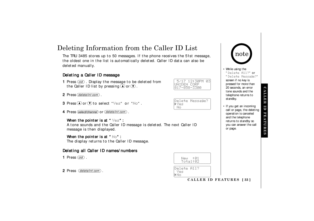 Uniden TRU 3485 Deleting Information from the Caller ID List, Deleting a Caller ID message, Press Or ª to select Yes 