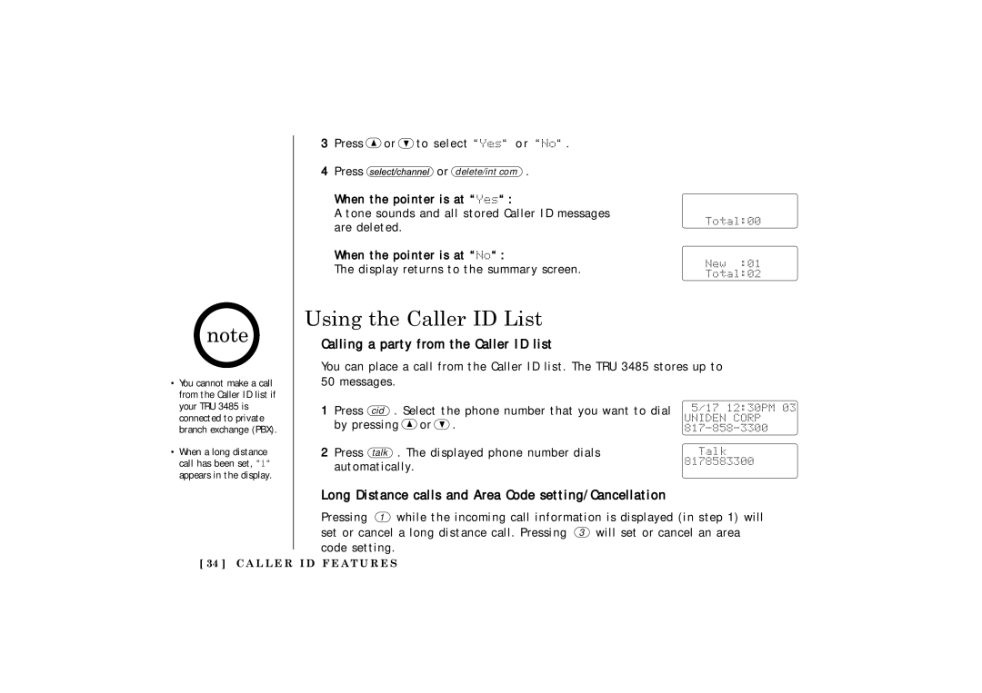 Uniden TRU 3485 Using the Caller ID List, Calling a party from the Caller ID list, Press or ª to select Yes o r No 