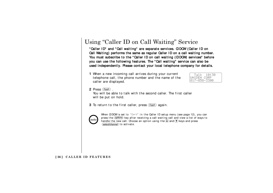 Uniden TRU 3485 owner manual Using Caller ID on Call Waiting Service, Press flash, Will be put on hold 