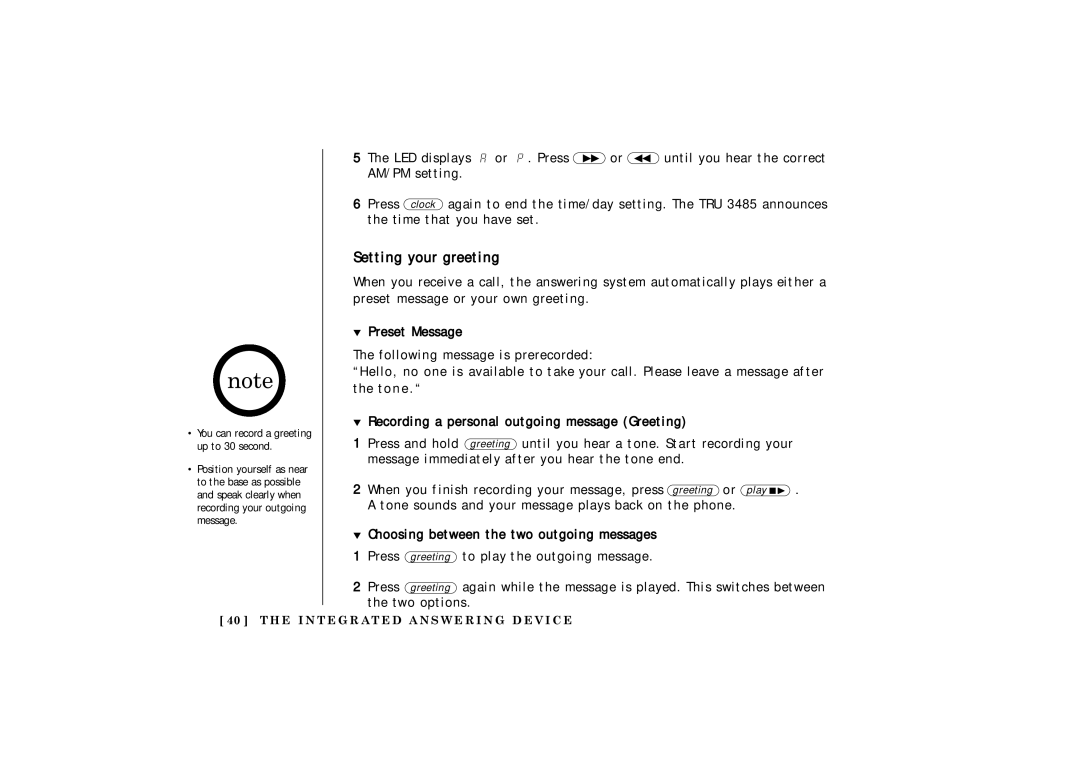 Uniden TRU 3485 owner manual Setting your greeting 