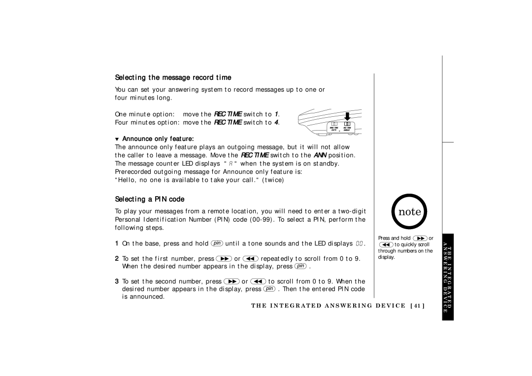 Uniden TRU 3485 owner manual Selecting the message record time, Selecting a PIN code 