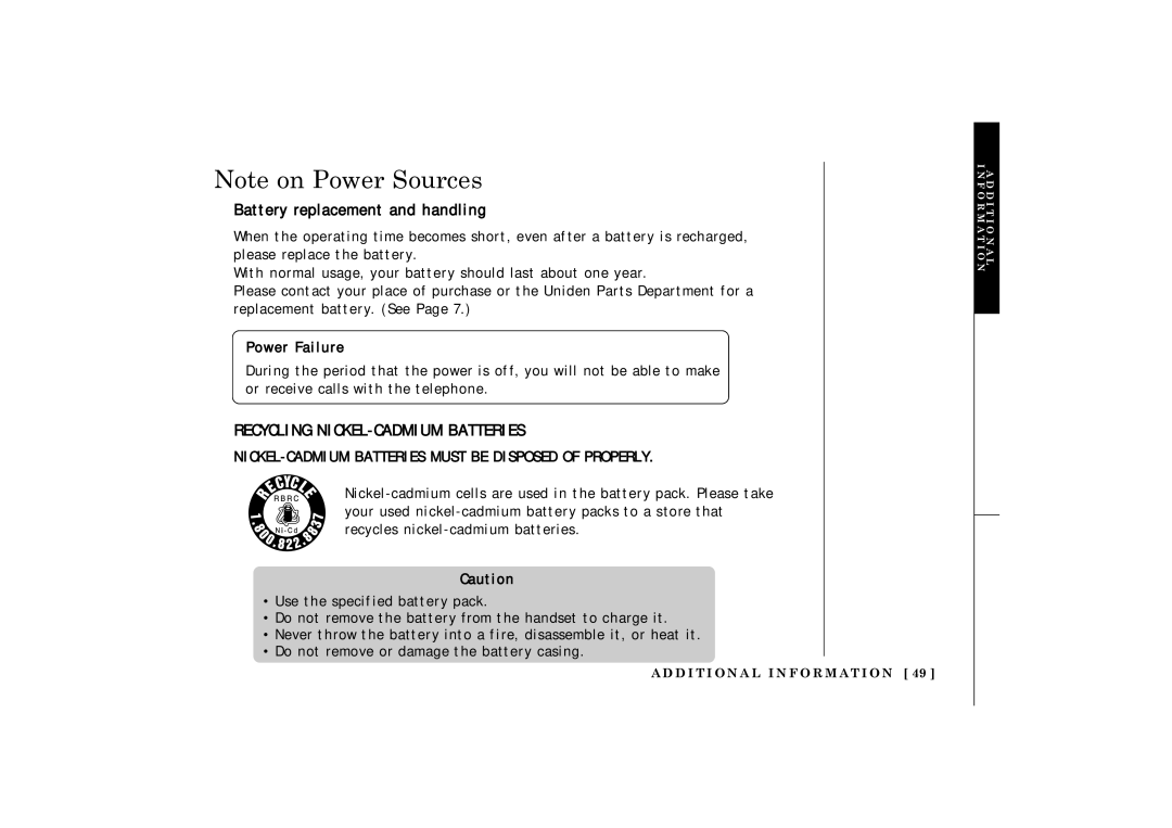 Uniden TRU 3485 owner manual Battery replacement and handling, Recycling NICKEL-CADMIUM Batteries 