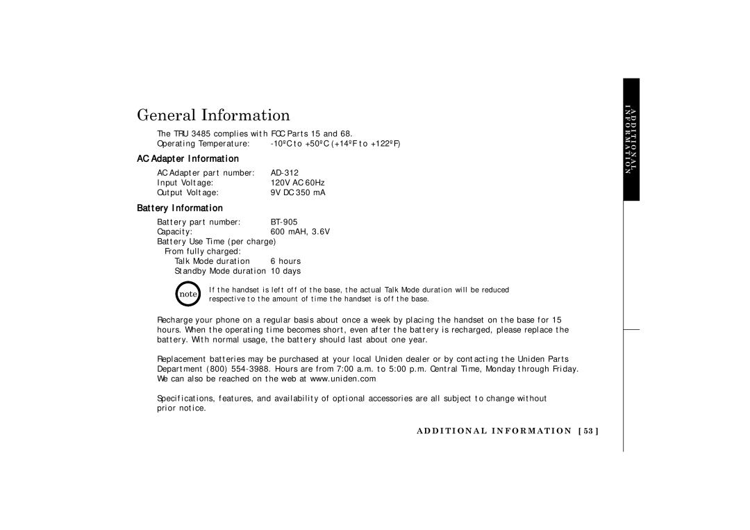 Uniden TRU 3485 owner manual General Information, AC Adapter Information, Battery Information 