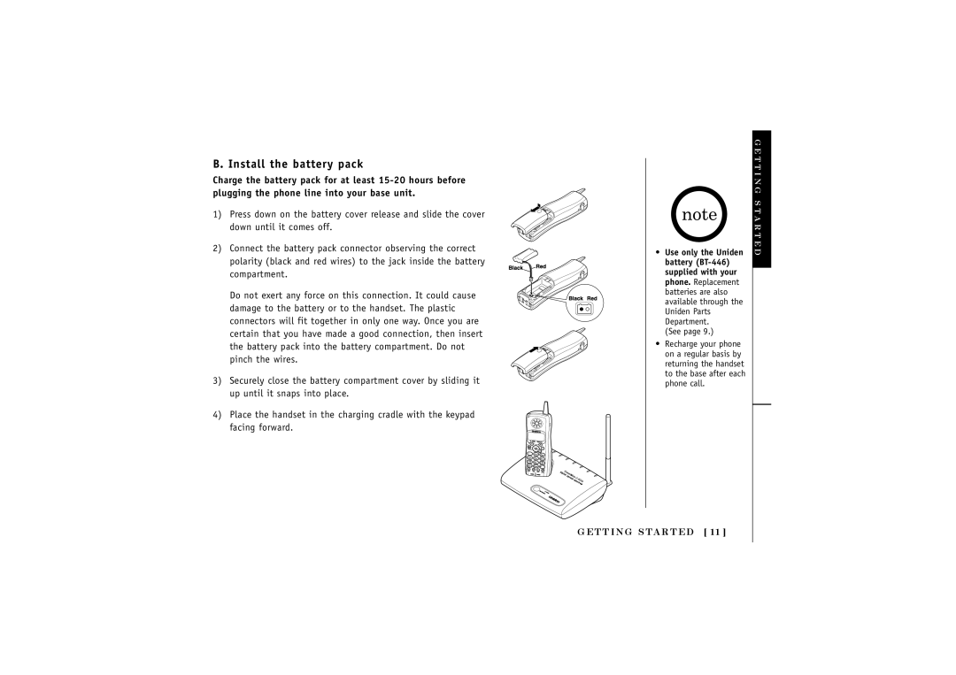 Uniden TRU 440-2 Series, TRU 440 Series manual Install the battery pack, See 