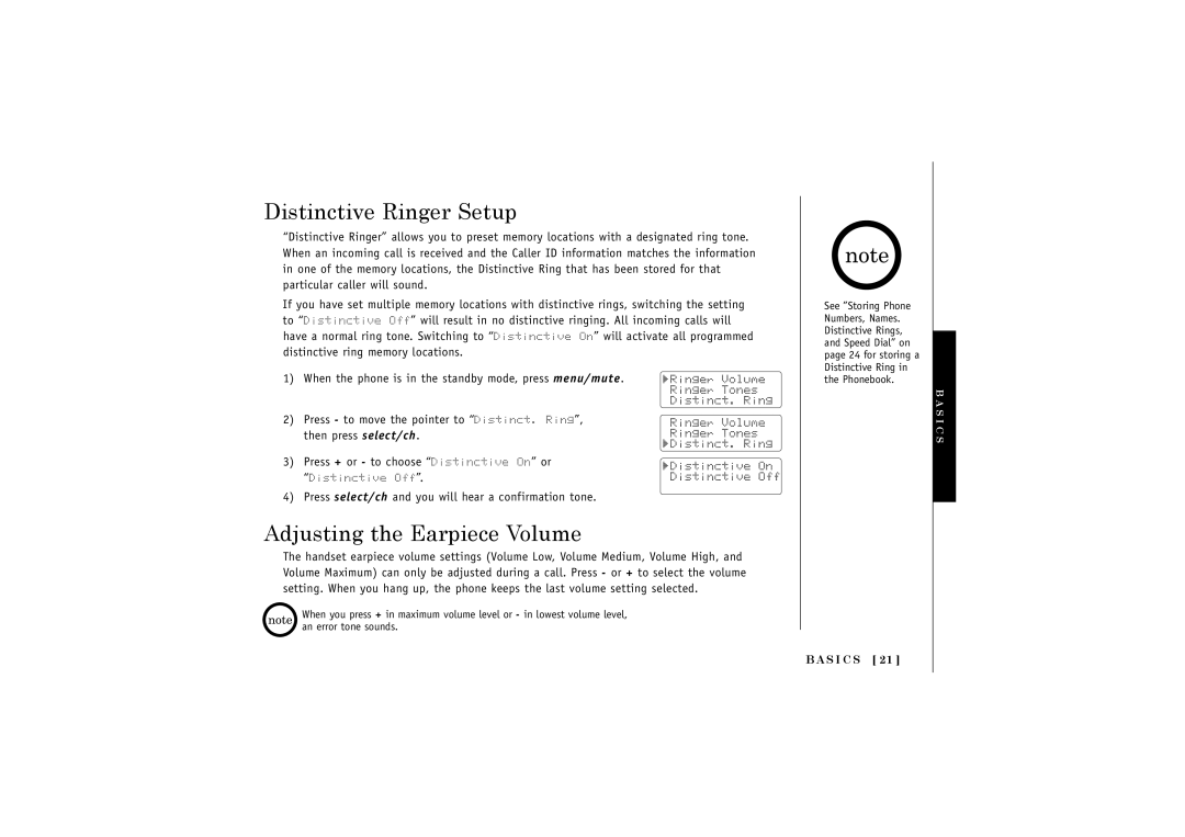 Uniden TRU 440-2 Series, TRU 440 Series manual Distinctive Ringer Setup, Adjusting the Earpiece Volume 